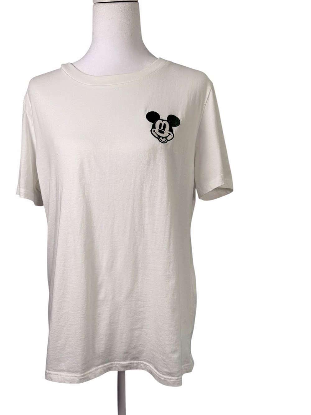 Disney White Short Sleeve Tee, Black Embroidered Retro Style Mickey Patch Size L